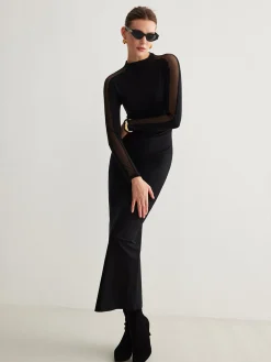 COMMENSE Tulle-Sleeve Plain Slim Dress* Black Dresses|Casual Dresses