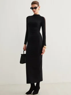 COMMENSE Tulle-Sleeve Plain Slim Dress* Black Dresses|Casual Dresses