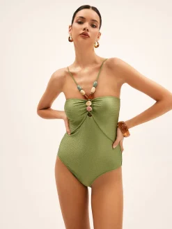 COMMENSE Tummy Control Texture Beaded One Piece Swimsuit* Swimwear|Tops