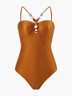 COMMENSE Tummy Control Texture Beaded One Piece Swimsuit* Swimwear|Tops
