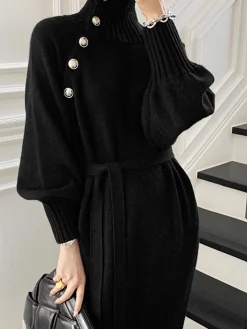 COMMENSE Turtleneck Button Belted Sweater Dress* Black Dresses|Sweater Dresses