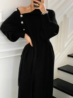 COMMENSE Turtleneck Button Belted Sweater Dress* Black Dresses|Sweater Dresses