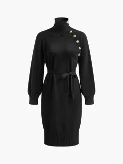 COMMENSE Turtleneck Button Belted Sweater Dress* Black Dresses|Sweater Dresses