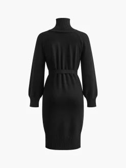 COMMENSE Turtleneck Button Belted Sweater Dress* Black Dresses|Sweater Dresses