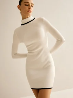 COMMENSE Turtleneck Contrast Trim Sweater Dress* White Dresses|Sweater Dresses