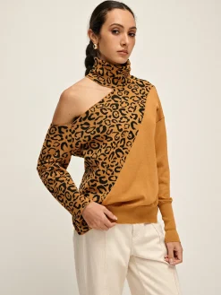 COMMENSE Turtleneck Cutout Leopard Patchwork Knit Top* Sweater Tops|Sweaters & Cardigans