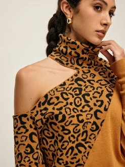 COMMENSE Turtleneck Cutout Leopard Patchwork Knit Top* Sweater Tops|Sweaters & Cardigans