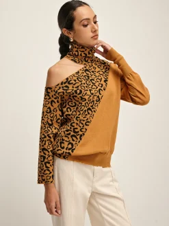 COMMENSE Turtleneck Cutout Leopard Patchwork Knit Top* Sweater Tops|Sweaters & Cardigans