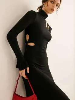 COMMENSE Turtleneck Cutout Slim Dress* Black Dresses|Casual Dresses