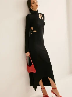 COMMENSE Turtleneck Cutout Slim Dress* Black Dresses|Casual Dresses