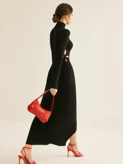 COMMENSE Turtleneck Cutout Slim Dress* Black Dresses|Casual Dresses