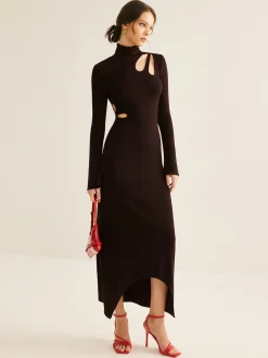 COMMENSE Turtleneck Cutout Slim Dress* Black Dresses|Casual Dresses