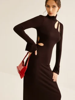 COMMENSE Turtleneck Cutout Slim Dress* Black Dresses|Casual Dresses