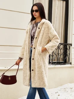 COMMENSE Turtleneck Faux Fur Button Coats* Outerwear|Coats
