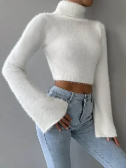COMMENSE Turtleneck Fuzzy Crop Blouse* Crop Tops|Blouses & Shirts