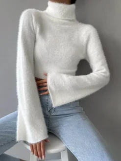 COMMENSE Turtleneck Fuzzy Crop Blouse* Crop Tops|Blouses & Shirts
