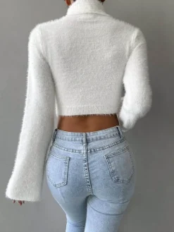 COMMENSE Turtleneck Fuzzy Crop Blouse* Crop Tops|Blouses & Shirts
