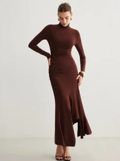 COMMENSE Turtleneck Irregular Pleated Long Dress* Casual Dresses|Cocktail & Party Dresses