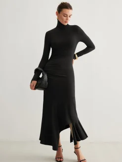 COMMENSE Turtleneck Irregular Pleated Long Dress* Casual Dresses|Cocktail & Party Dresses