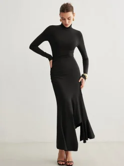 COMMENSE Turtleneck Irregular Pleated Long Dress* Casual Dresses|Cocktail & Party Dresses