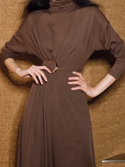 COMMENSE Turtleneck Knotted Pleated Long Dress* Cocktail & Party Dresses|Long Dresses