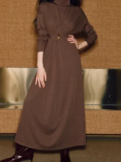 COMMENSE Turtleneck Knotted Pleated Long Dress* Cocktail & Party Dresses|Long Dresses