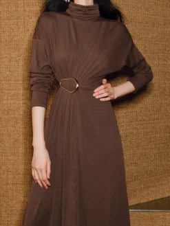 COMMENSE Turtleneck Knotted Pleated Long Dress* Cocktail & Party Dresses|Long Dresses