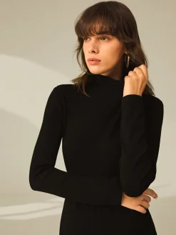 COMMENSE Turtleneck Long Sleeve Mini Dress with Slit and Ribbed Paneling* Black Dresses|Sweater Dresses