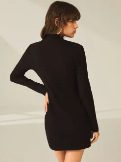 COMMENSE Turtleneck Long Sleeve Mini Dress with Slit and Ribbed Paneling* Black Dresses|Sweater Dresses