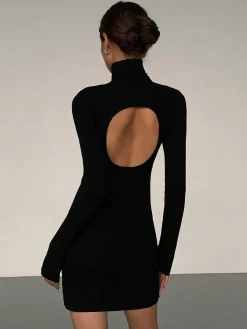 COMMENSE Turtleneck Open Back Long Sleeve Short Dress* Black Dresses|Casual Dresses