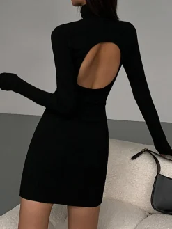 COMMENSE Turtleneck Open Back Long Sleeve Short Dress* Black Dresses|Casual Dresses