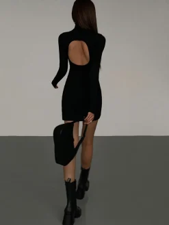 COMMENSE Turtleneck Open Back Long Sleeve Short Dress* Black Dresses|Casual Dresses
