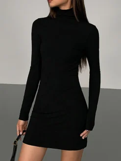 COMMENSE Turtleneck Open Back Long Sleeve Short Dress* Black Dresses|Casual Dresses