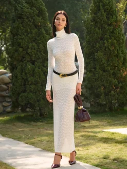 COMMENSE Turtleneck Semi-Sheer Slim Long Dress Without Belt* Dresses
