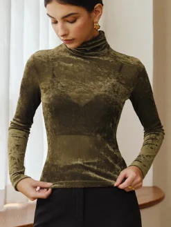 COMMENSE Turtleneck Semi-Sheer Velvet Top* T-shirts|Tops