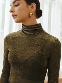 COMMENSE Turtleneck Semi-Sheer Velvet Top* T-shirts|Tops