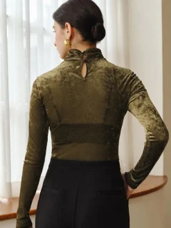 COMMENSE Turtleneck Semi-Sheer Velvet Top* T-shirts|Tops