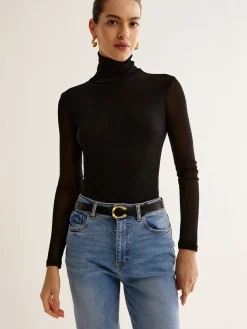 COMMENSE Turtleneck Sheer Sleeve Jersey Top* T-shirts|Tops