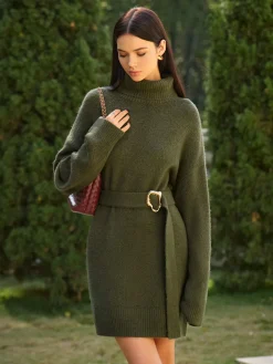 COMMENSE Turtleneck Sweater Short Dress With Belt* Knitwear|Dresses