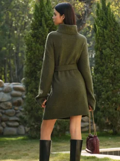 COMMENSE Turtleneck Sweater Short Dress With Belt* Knitwear|Dresses