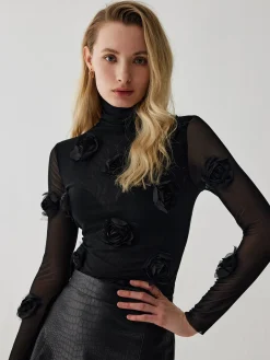 COMMENSE Turtleneck Three Dimensional Flower Decor Shirt* T-shirts|Tops