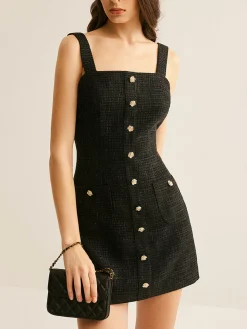 COMMENSE Tweed Breasted Tank Short Dress* Black Dresses|Casual Dresses