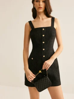 COMMENSE Tweed Breasted Tank Short Dress* Black Dresses|Casual Dresses