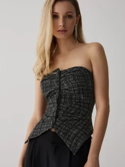 COMMENSE Tweed Button Ruched Tube Top* Tank Tops & Camis|Tops