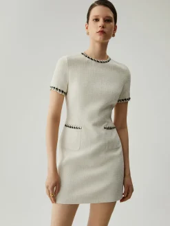 COMMENSE Tweed Contrast Trim Pocket Mini Dress* White Dresses|Casual Dresses