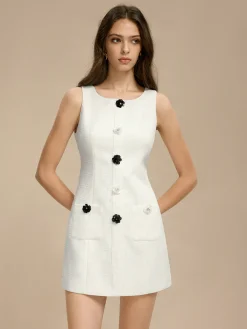 COMMENSE Tweed 3D Flower Pockets Dress* White Dresses|Casual Dresses