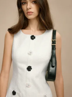COMMENSE Tweed 3D Flower Pockets Dress* White Dresses|Casual Dresses