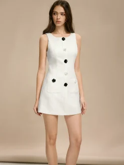 COMMENSE Tweed 3D Flower Pockets Dress* White Dresses|Casual Dresses