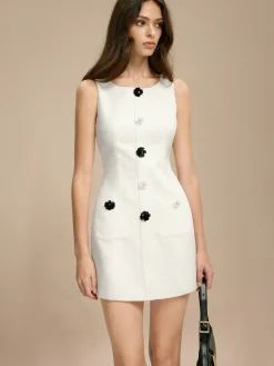 COMMENSE Tweed 3D Flower Pockets Dress* White Dresses|Casual Dresses