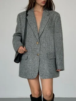COMMENSE Tweed Long Blazer Without Belt* Outerwear|Blazers